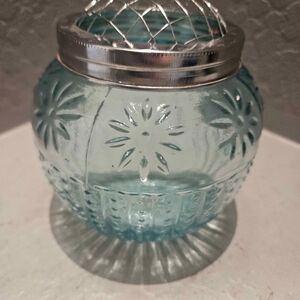 Blue Textured Glass Fairy Light Jar with Frog Lid 5" x 5"